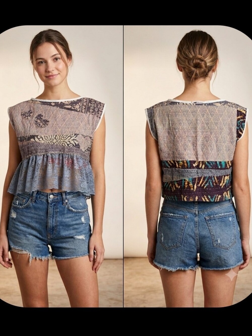 Upcycled Kantha Quilt Cropped Top Vyg Lace S-M Handmade Dont Throw It Out
